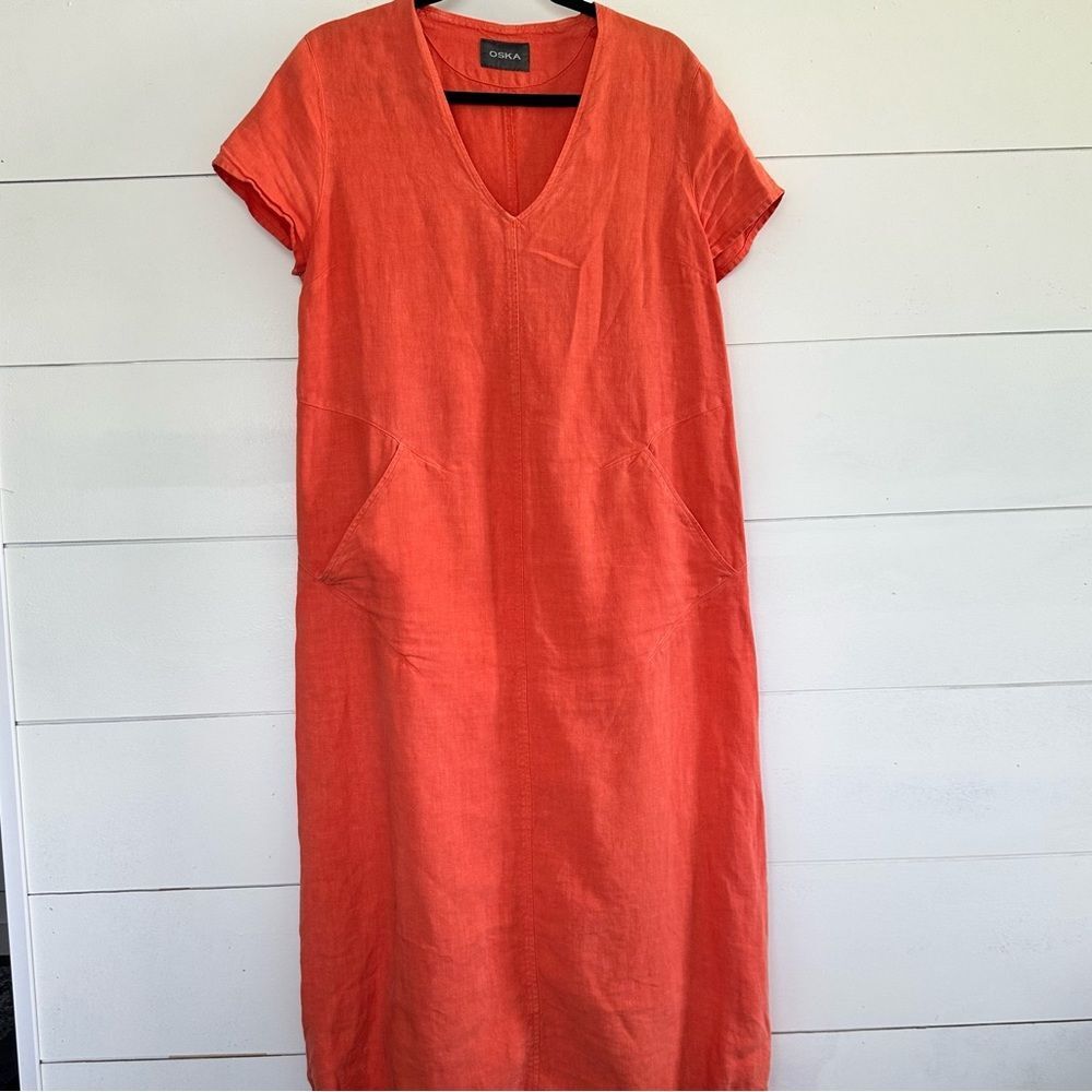 Oska Women’s Orange Linen Vneck Short Sleeve Maxi Dress Size 1 (US6-8)